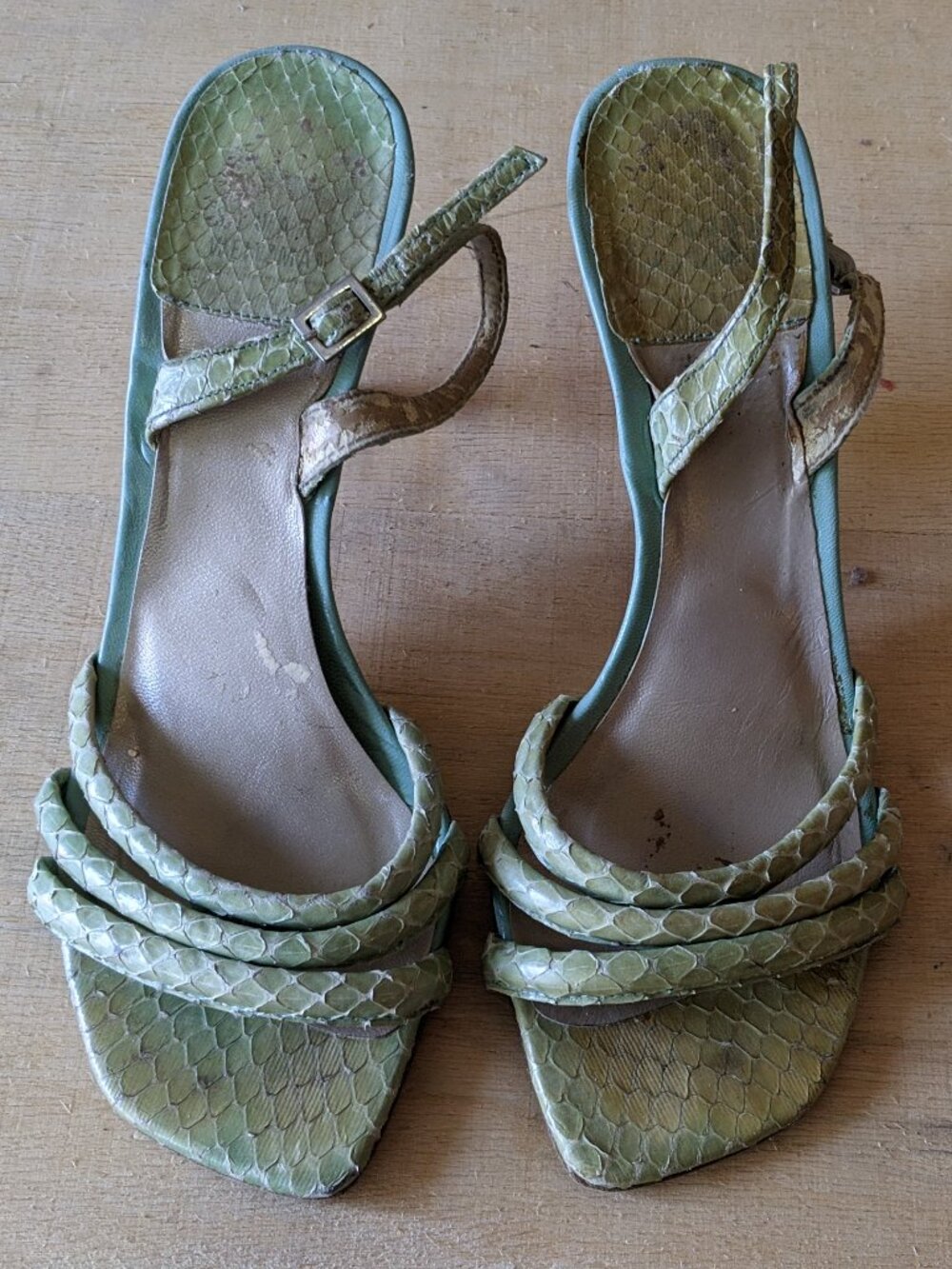 Vintage BCBGirls Green Snakeskin Strappy Slingback Heels Size 6.5
